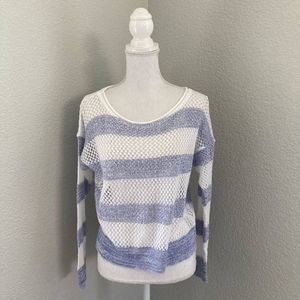 Farm Womens White Blue Striped Long Sleeve Open Knit Loose Sweater Size M